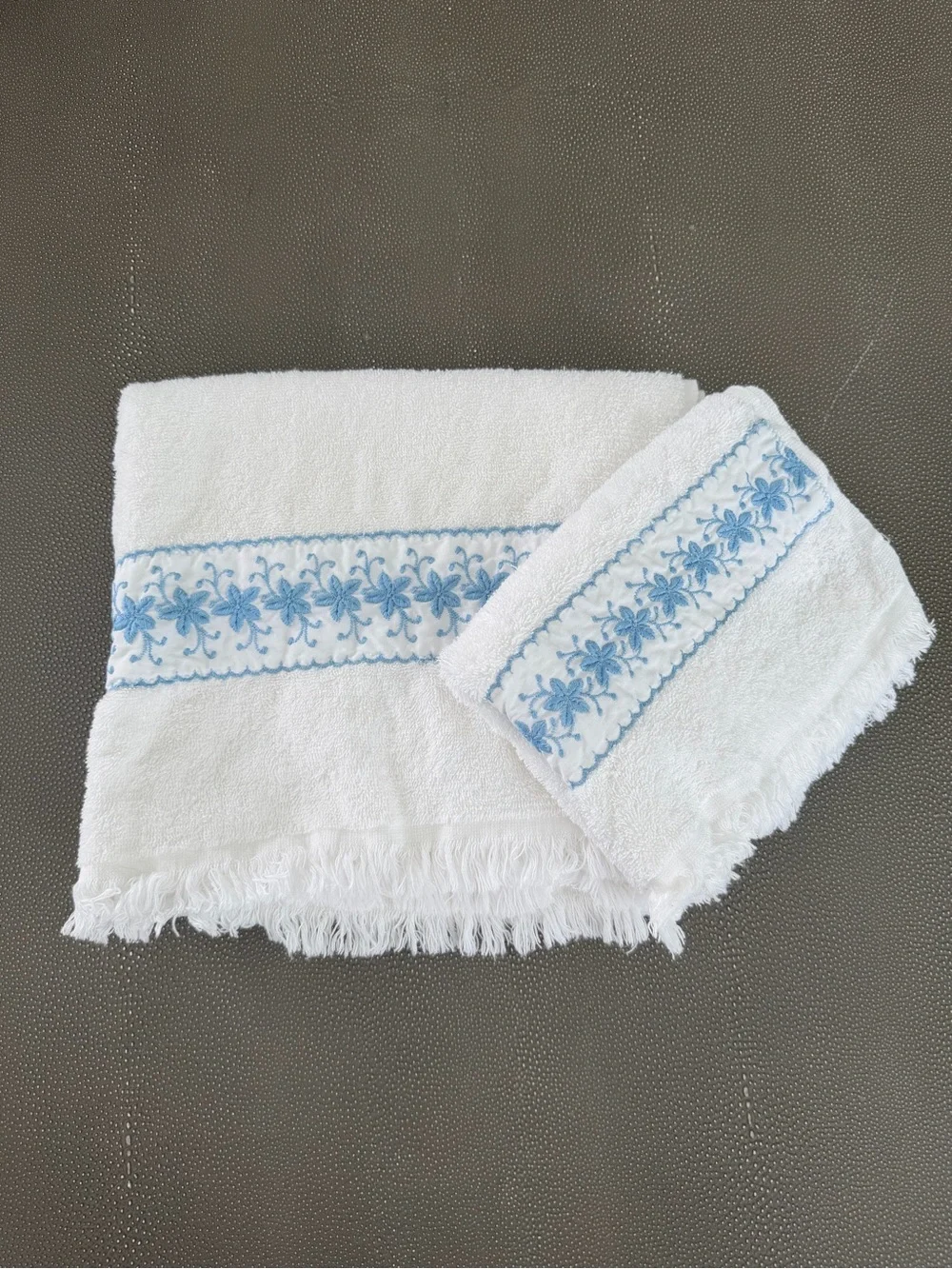 Vintage Wamsutta Heritage White Towel Set with Blue Floral Embroidery